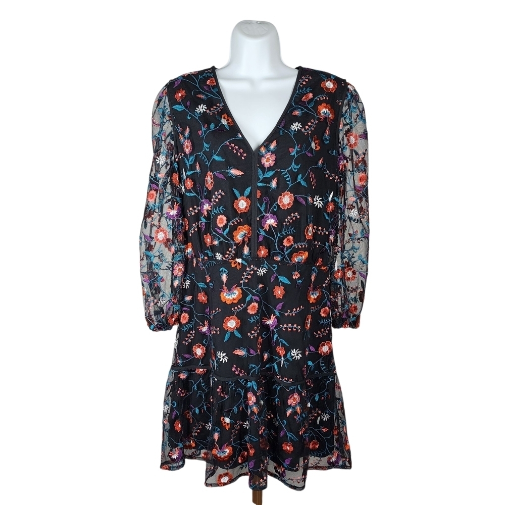 SAM EDELMAN FLORAL EMBROIDERED MESH BLOUSON DRESS